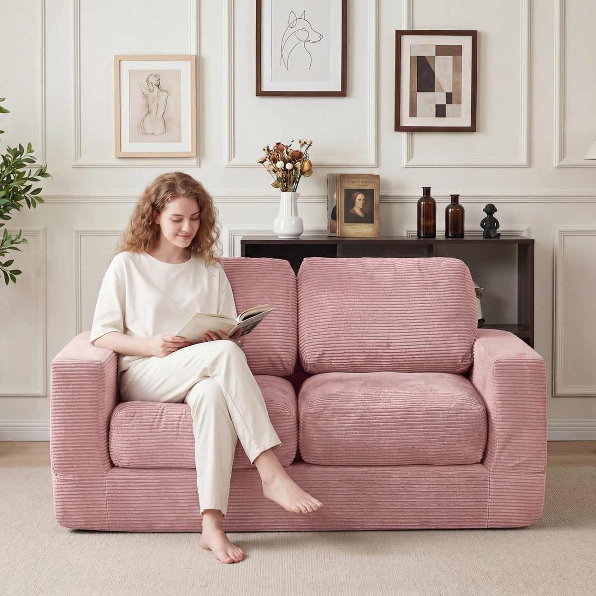 2-Seater Floor Couch Loveseat Foam Sofa with Removable Corduroy Cover-Pink view 6