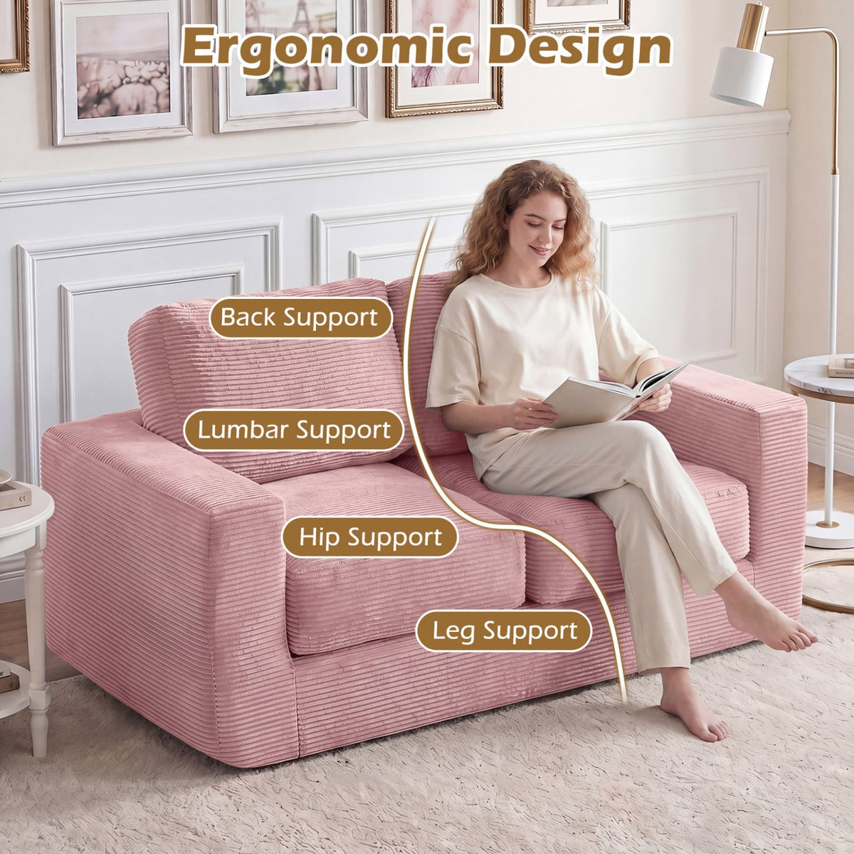 2-Seater Floor Couch Loveseat Foam Sofa with Removable Corduroy Cover-Pink view 7