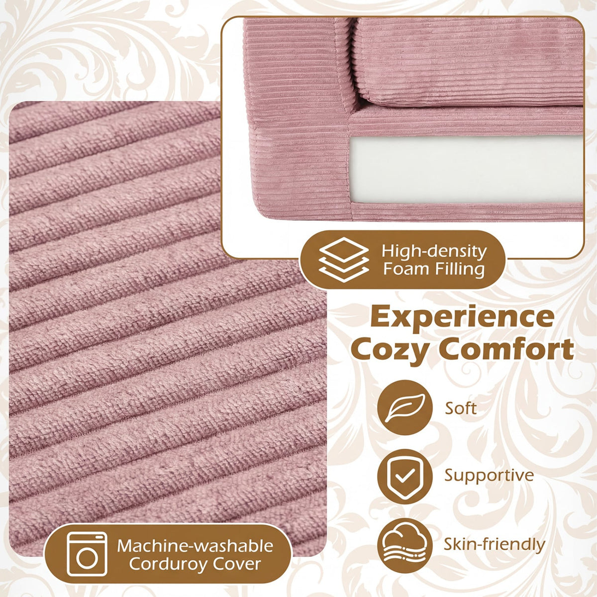 2-Seater Floor Couch Loveseat Foam Sofa with Removable Corduroy Cover-Pink view 8