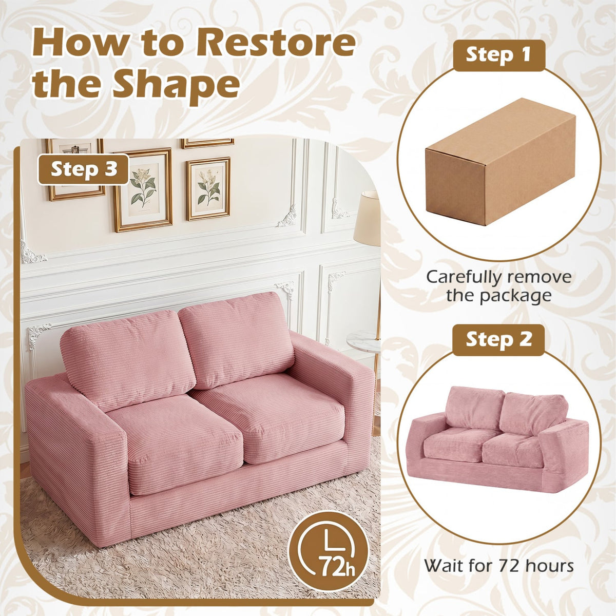 2-Seater Floor Couch Loveseat Foam Sofa with Removable Corduroy Cover-Pink view 9