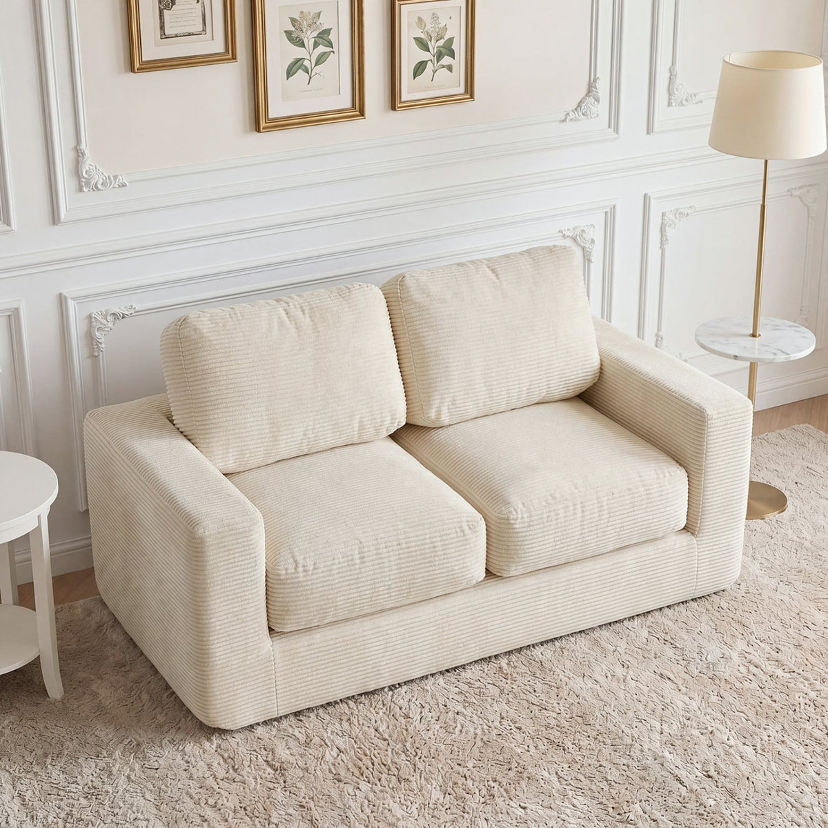 2-Seater Floor Couch Loveseat Foam Sofa with Removable Corduroy Cover-Beige view 2