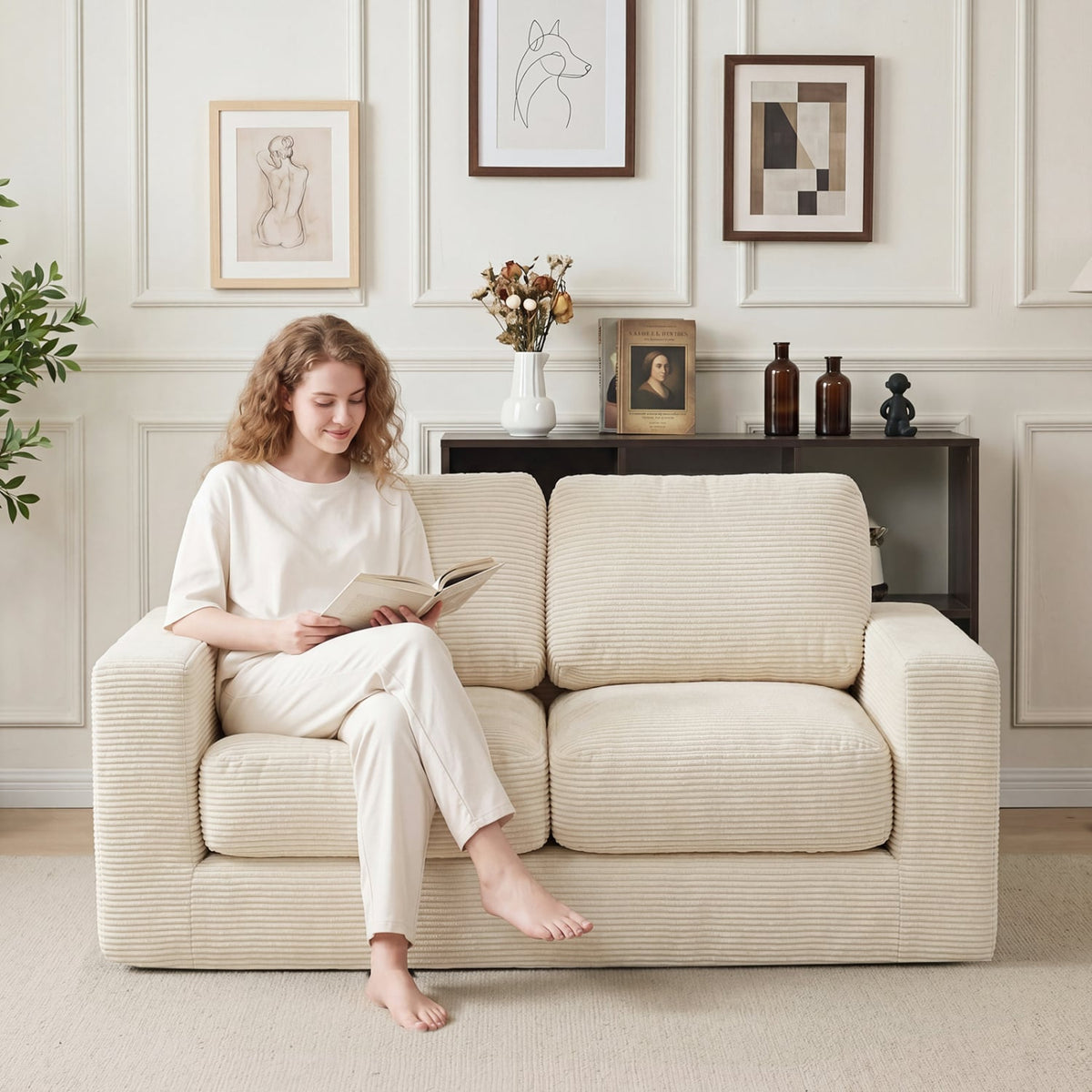 2-Seater Floor Couch Loveseat Foam Sofa with Removable Corduroy Cover-Beige view 6