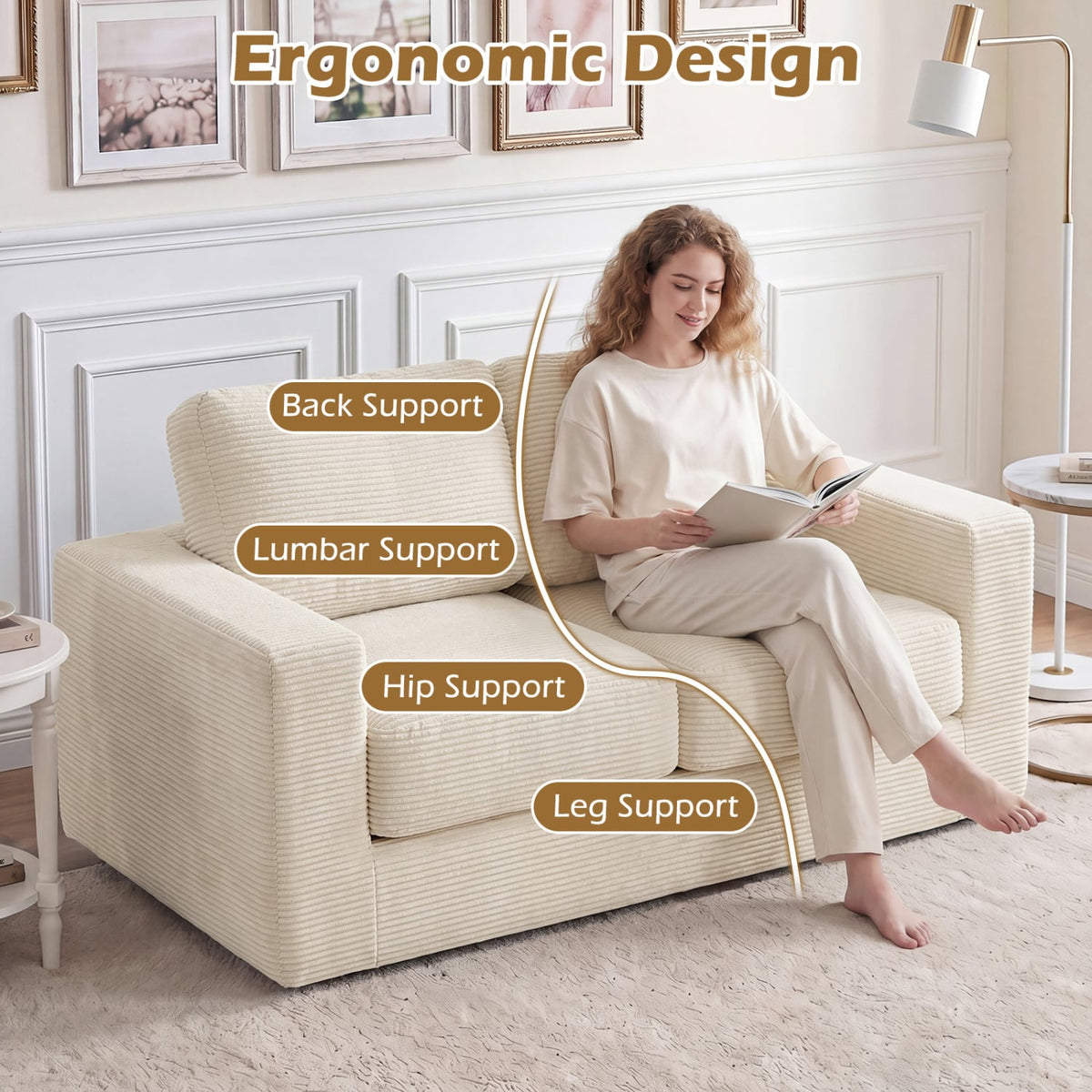 2-Seater Floor Couch Loveseat Foam Sofa with Removable Corduroy Cover-Beige view 8