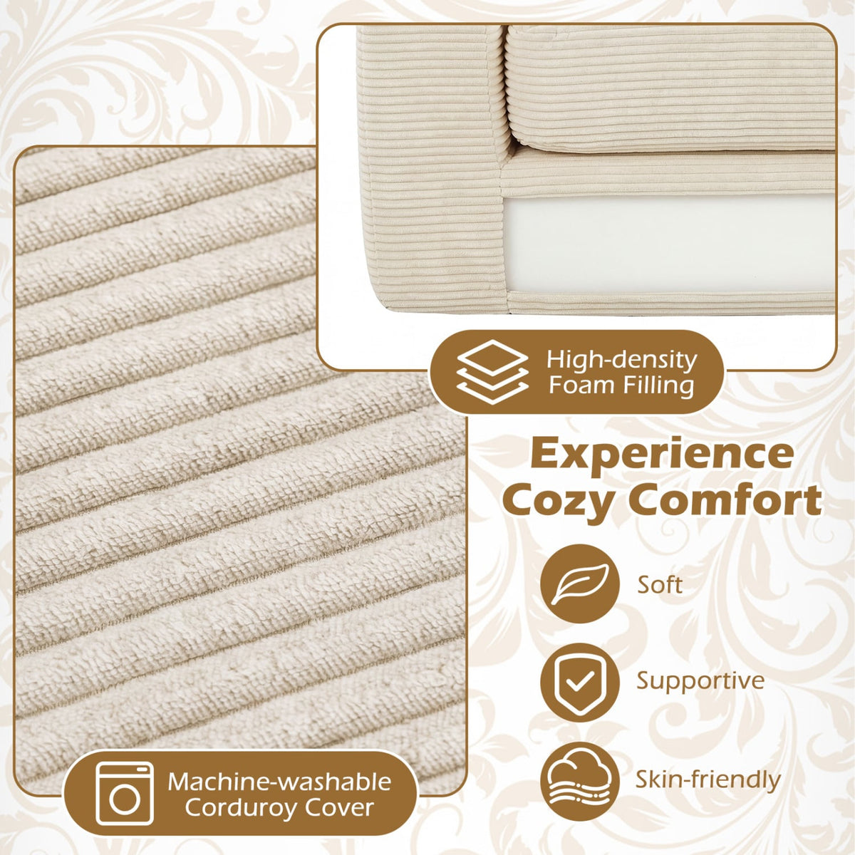 2-Seater Floor Couch Loveseat Foam Sofa with Removable Corduroy Cover-Beige view 7