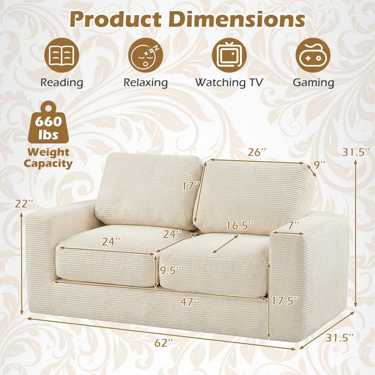 2-Seater Floor Couch Loveseat Foam Sofa with Removable Corduroy Cover-Beige view 5