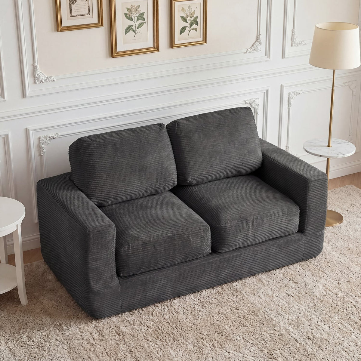 2-Seater Floor Couch Loveseat Foam Sofa with Removable Corduroy Cover-Black view 2