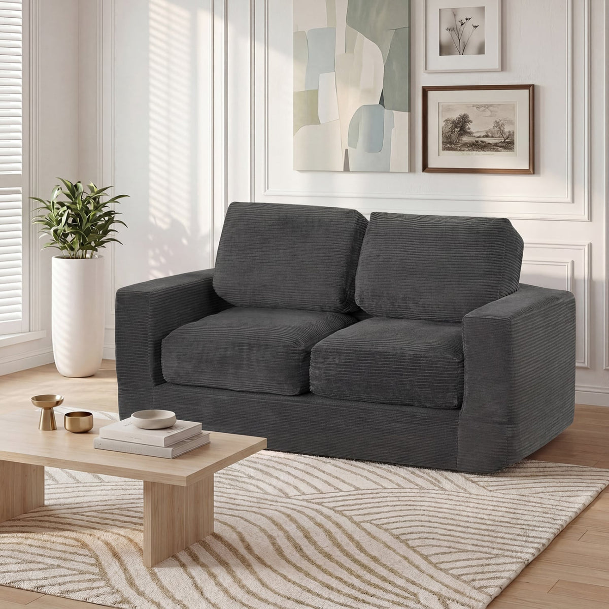 2-Seater Floor Couch Loveseat Foam Sofa with Removable Corduroy Cover-Black view 3