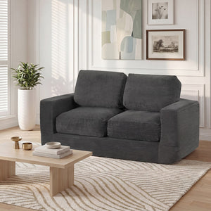 2-Seater Floor Couch Loveseat Foam Sofa with Removable Corduroy Cover-Black view 3