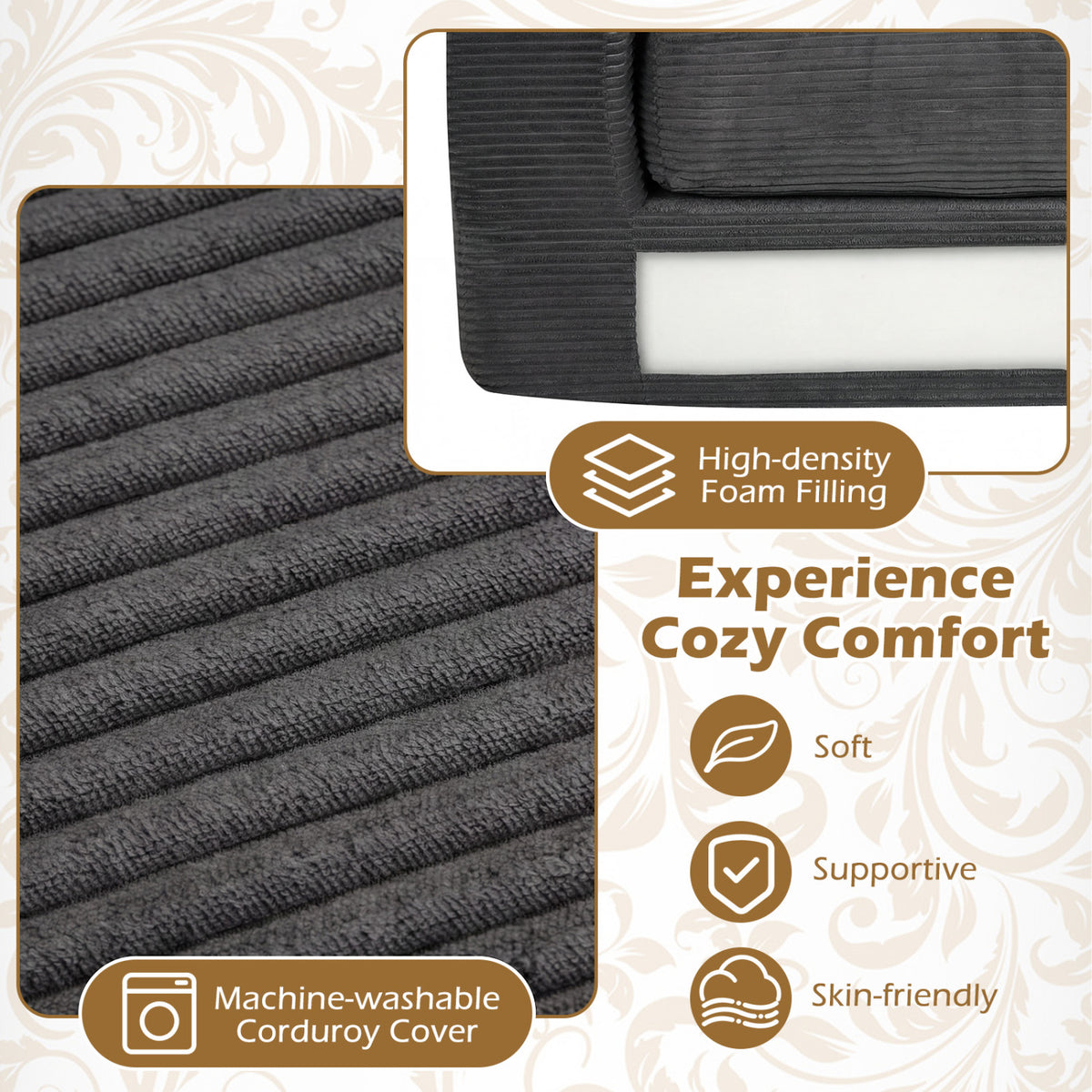 2-Seater Floor Couch Loveseat Foam Sofa with Removable Corduroy Cover-Black view 7