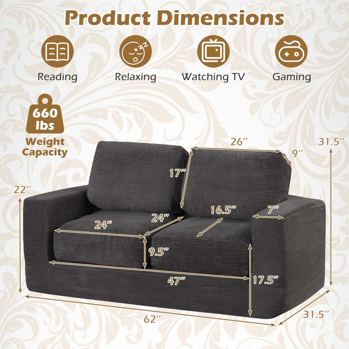2-Seater Floor Couch Loveseat Foam Sofa with Removable Corduroy Cover-Black view 5