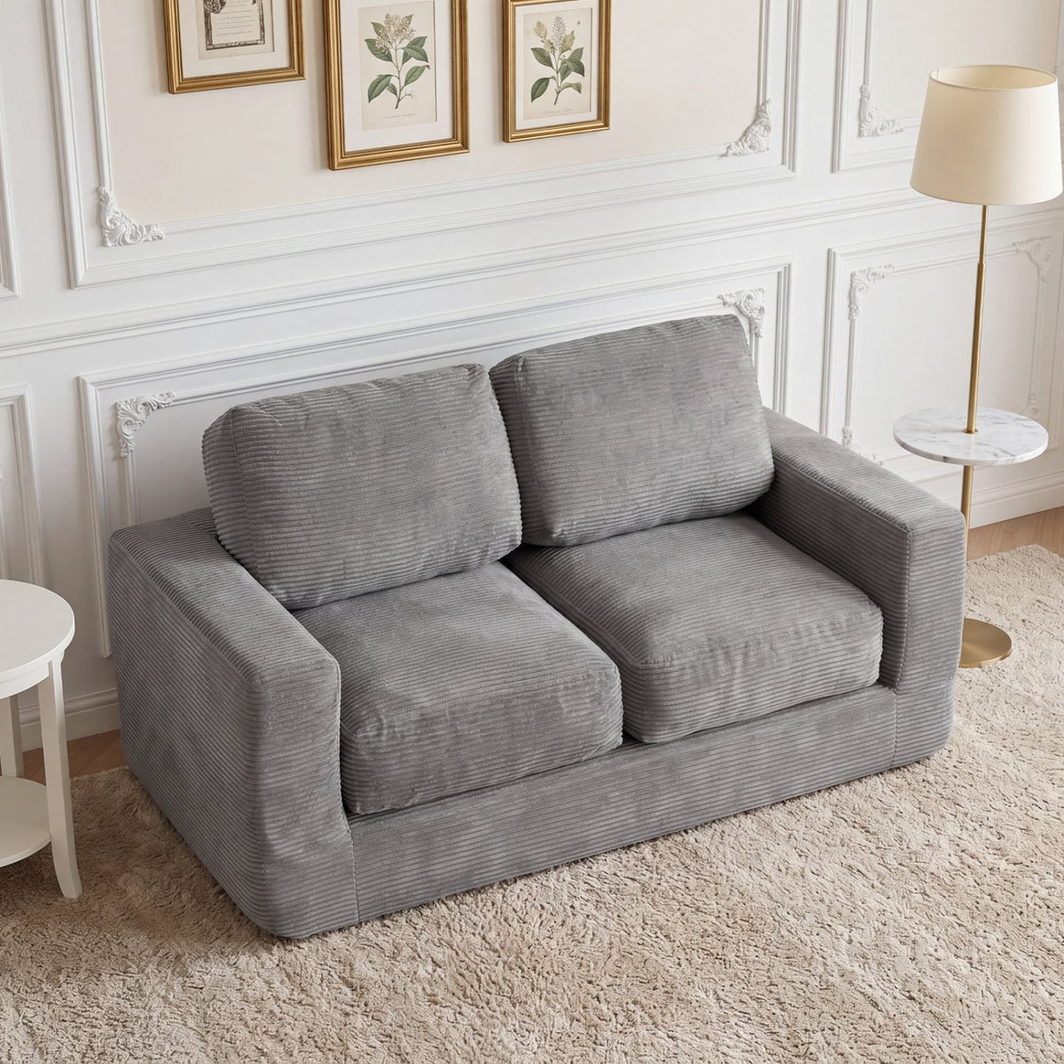 2-Seater Floor Couch Loveseat Foam Sofa with Removable Corduroy Cover-Gray view 2