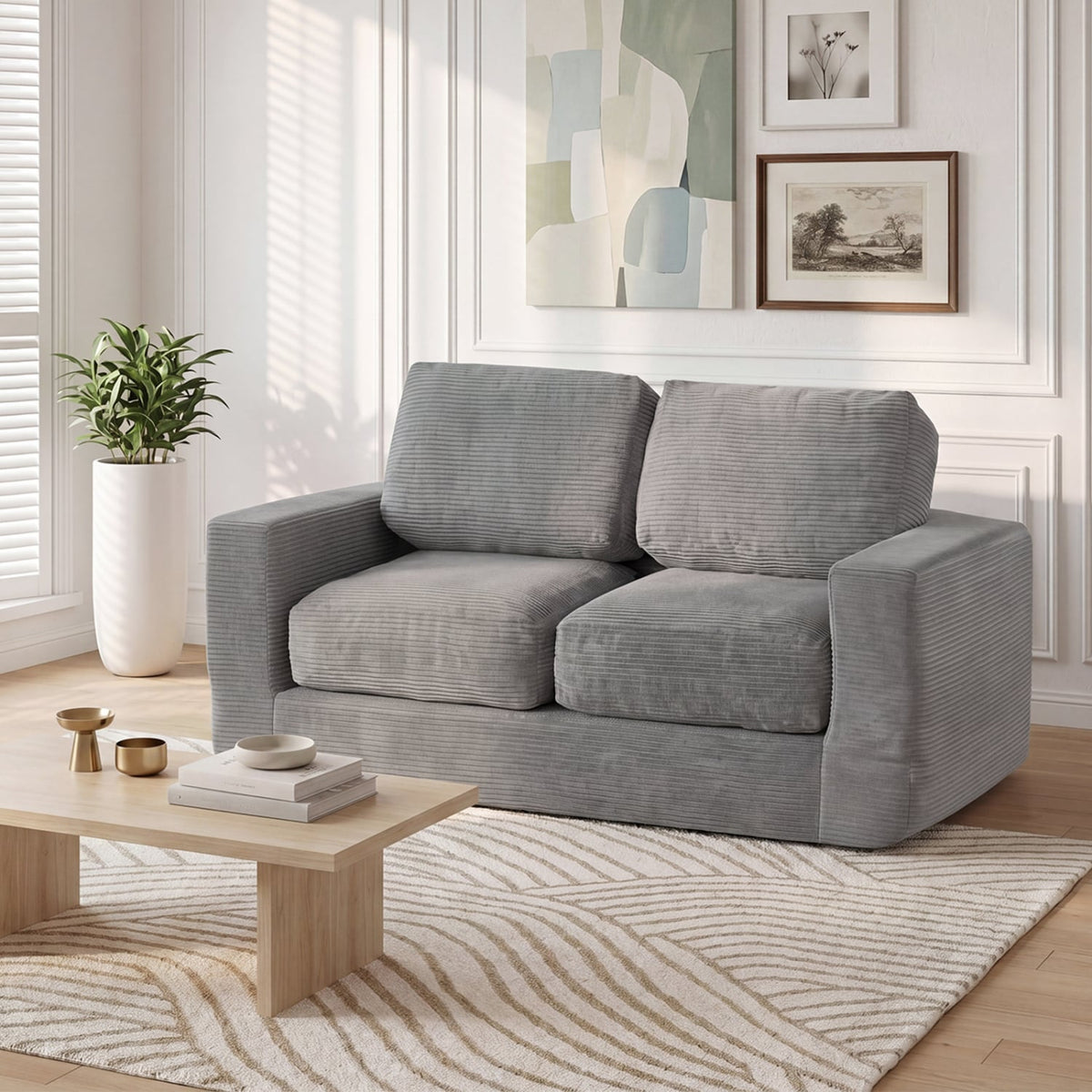 2-Seater Floor Couch Loveseat Foam Sofa with Removable Corduroy Cover-Gray view 3