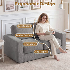 2-Seater Floor Couch Loveseat Foam Sofa with Removable Corduroy Cover-Gray view 7