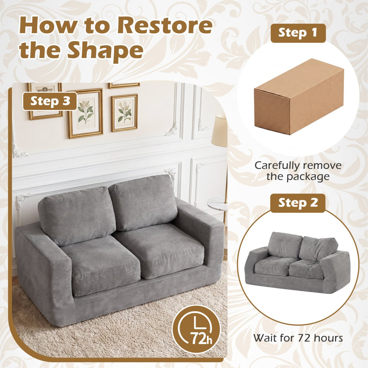 2-Seater Floor Couch Loveseat Foam Sofa with Removable Corduroy Cover-Gray view 9