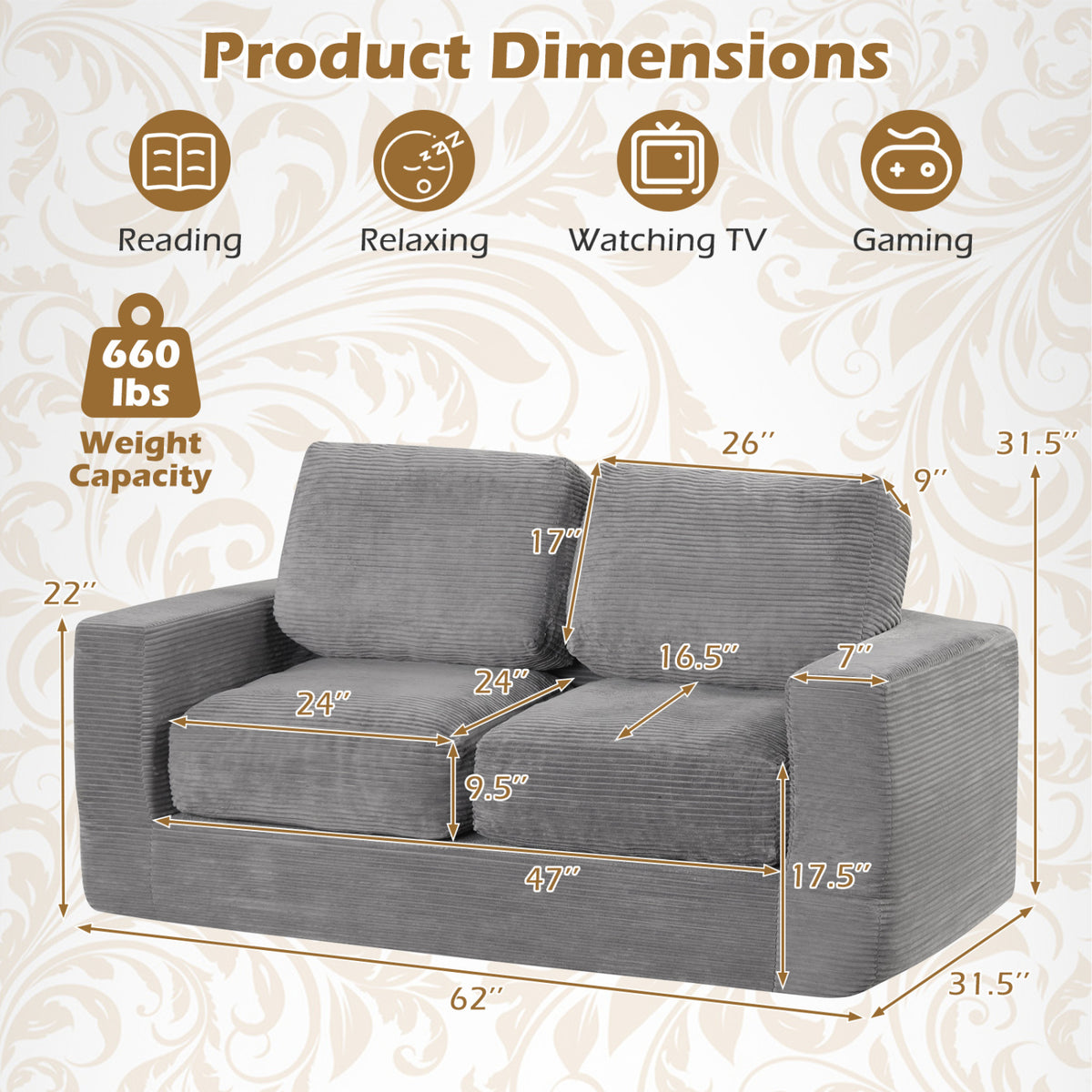 2-Seater Floor Couch Loveseat Foam Sofa with Removable Corduroy Cover-Gray view 5