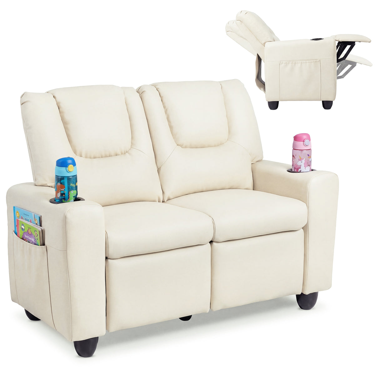 2-Seater Kids Recliner Double Toddler Sofa Chair with 2 Cup Holders-Beige view 7