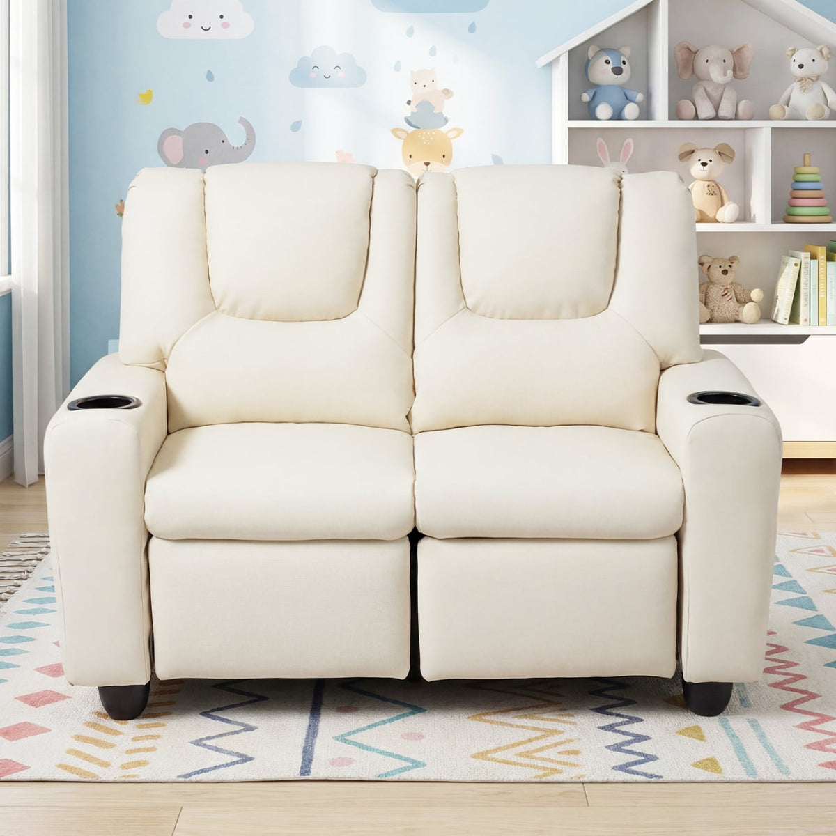 2-Seater Kids Recliner Double Toddler Sofa Chair with 2 Cup Holders-Beige view 2