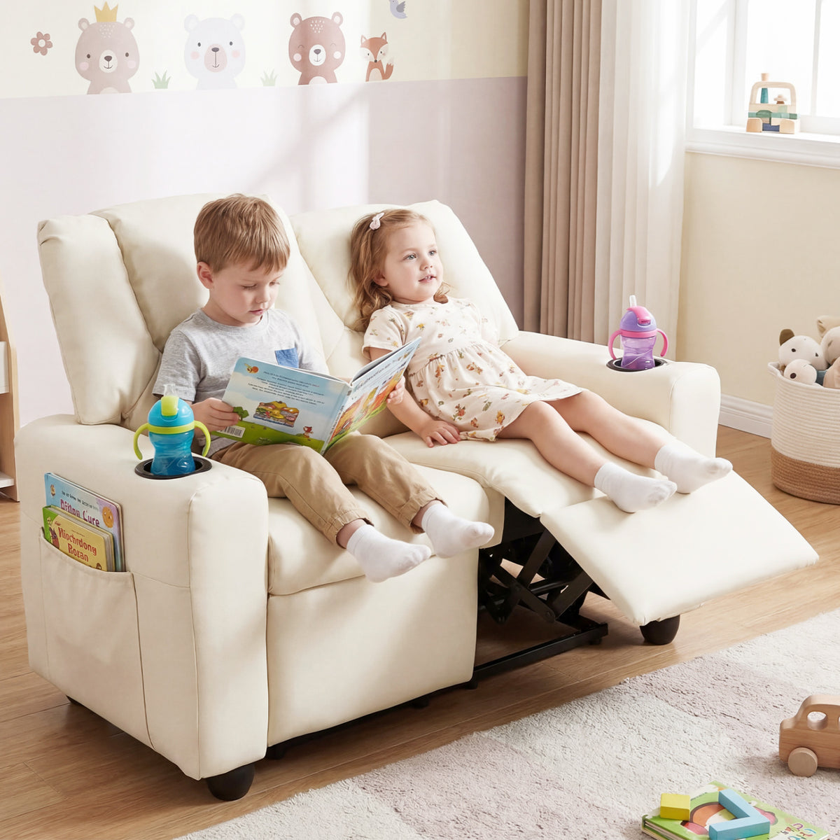 2-Seater Kids Recliner Double Toddler Sofa Chair with 2 Cup Holders-Beige view 3
