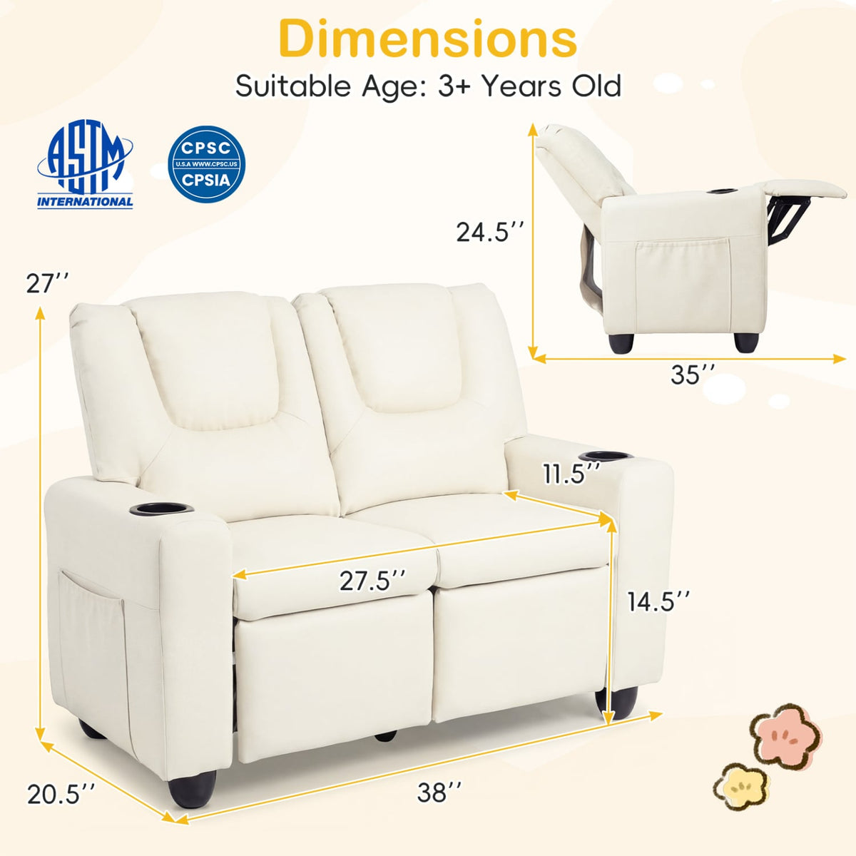2-Seater Kids Recliner Double Toddler Sofa Chair with 2 Cup Holders-Beige view 5