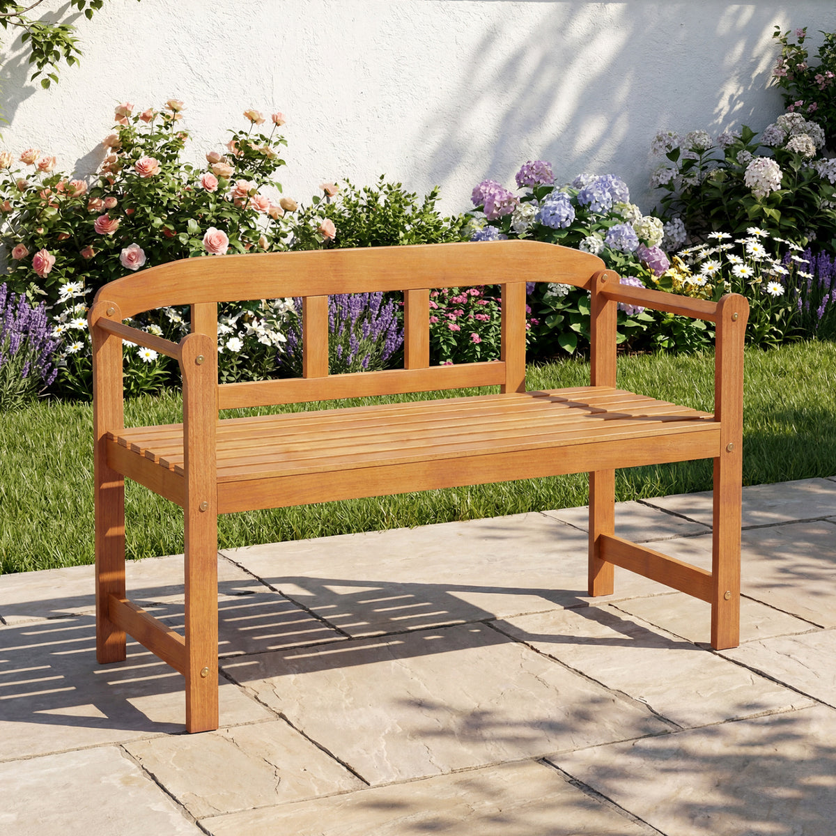 2-Seater Outdoor Acacia Wood Garden Bench with Backrest & Armrests view 2