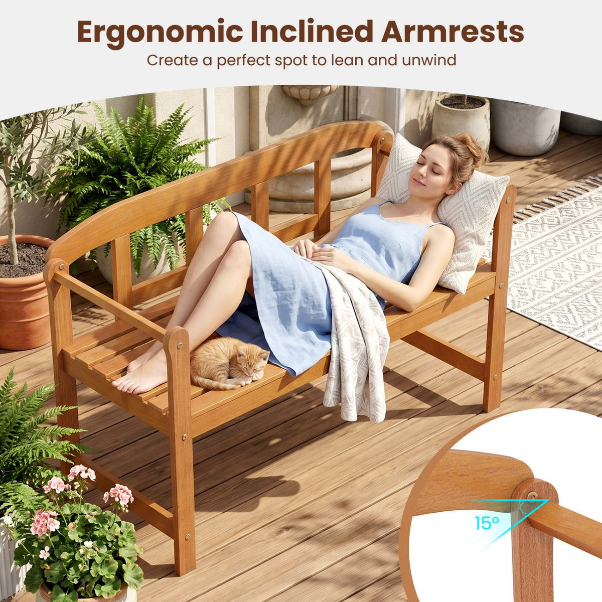 2-Seater Outdoor Acacia Wood Garden Bench with Backrest & Armrests view 7