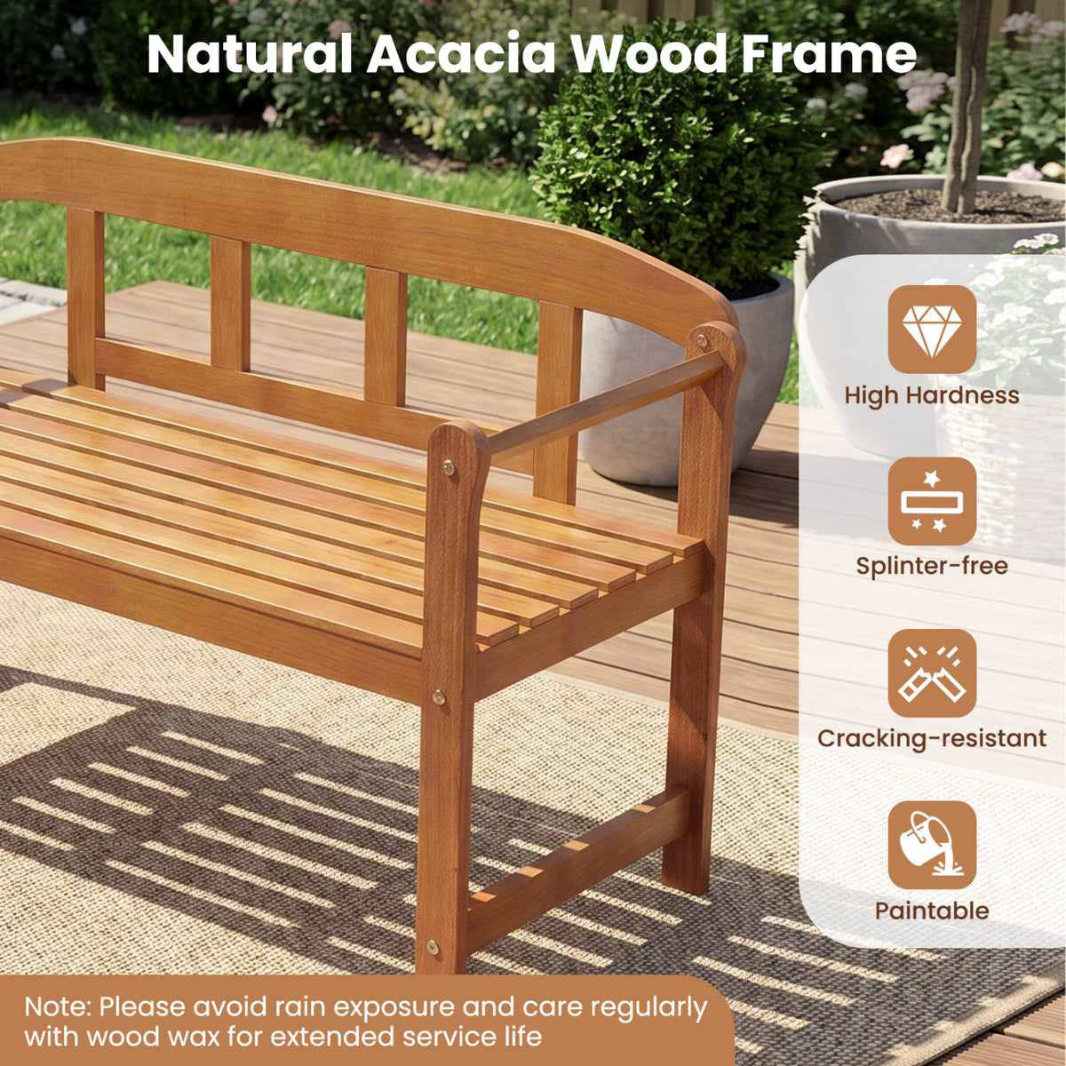 2-Seater Outdoor Acacia Wood Garden Bench with Backrest & Armrests view 8