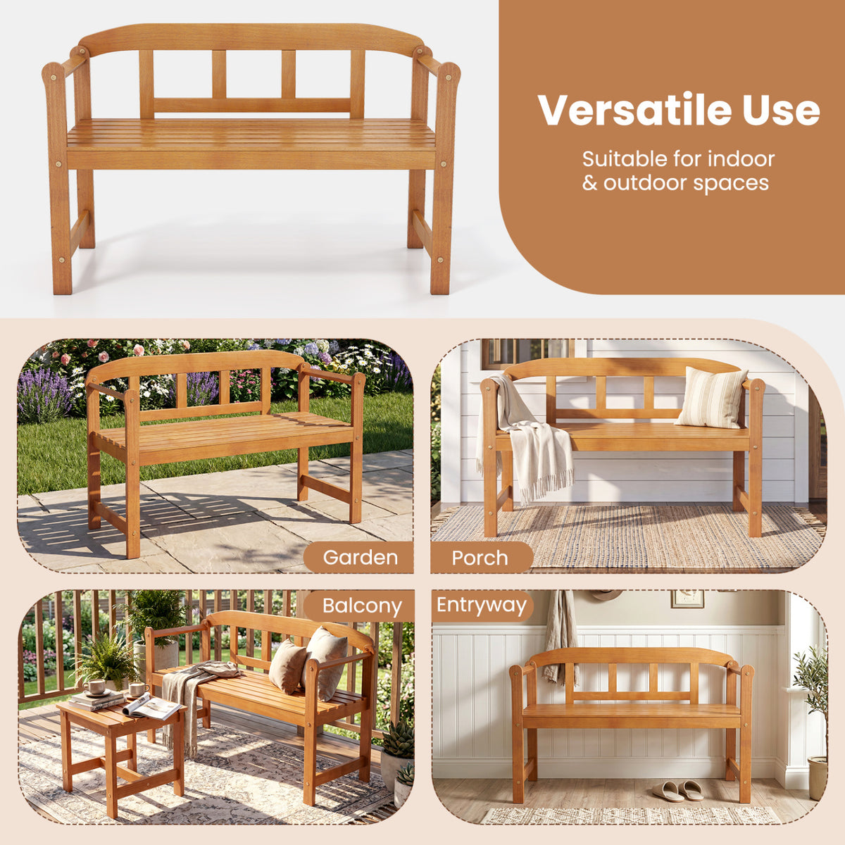 2-Seater Outdoor Acacia Wood Garden Bench with Backrest & Armrests view 9