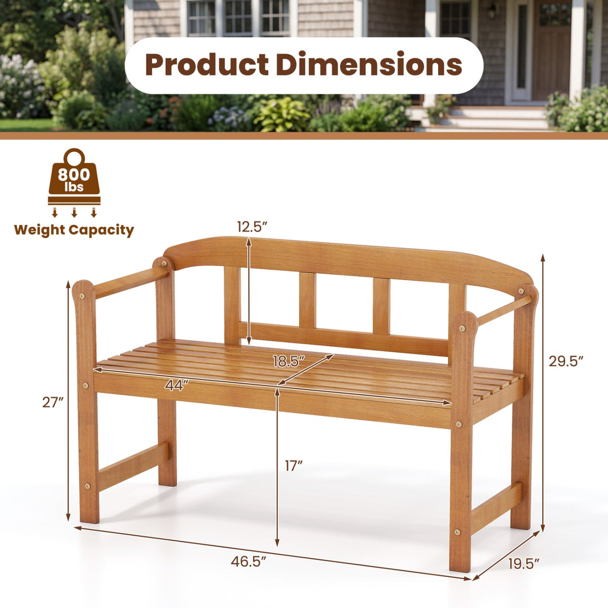 2-Seater Outdoor Acacia Wood Garden Bench with Backrest & Armrests view 5