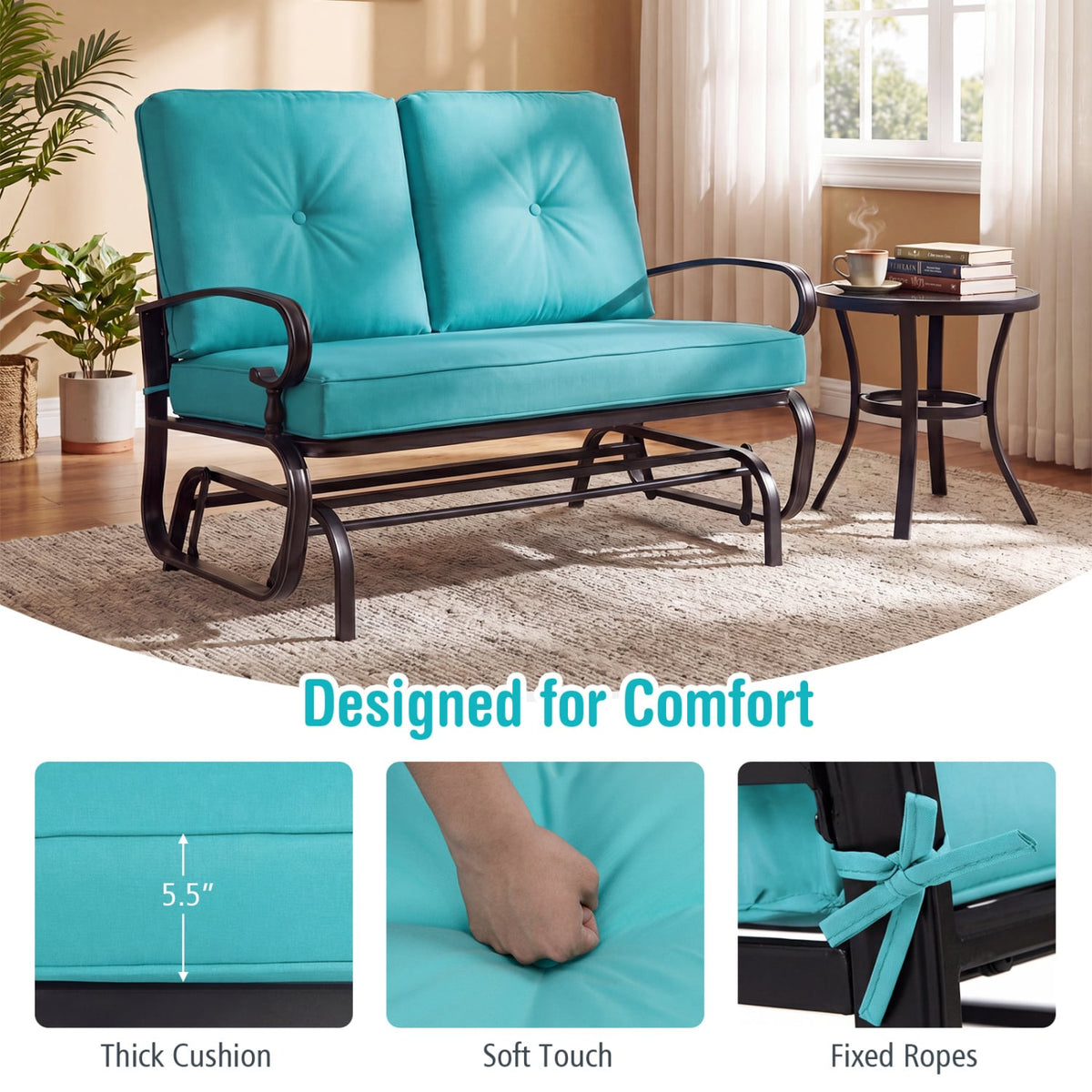 2 Seats Outdoor Swing Glider Chair with Comfortable Cushions-Pantone Green view 8