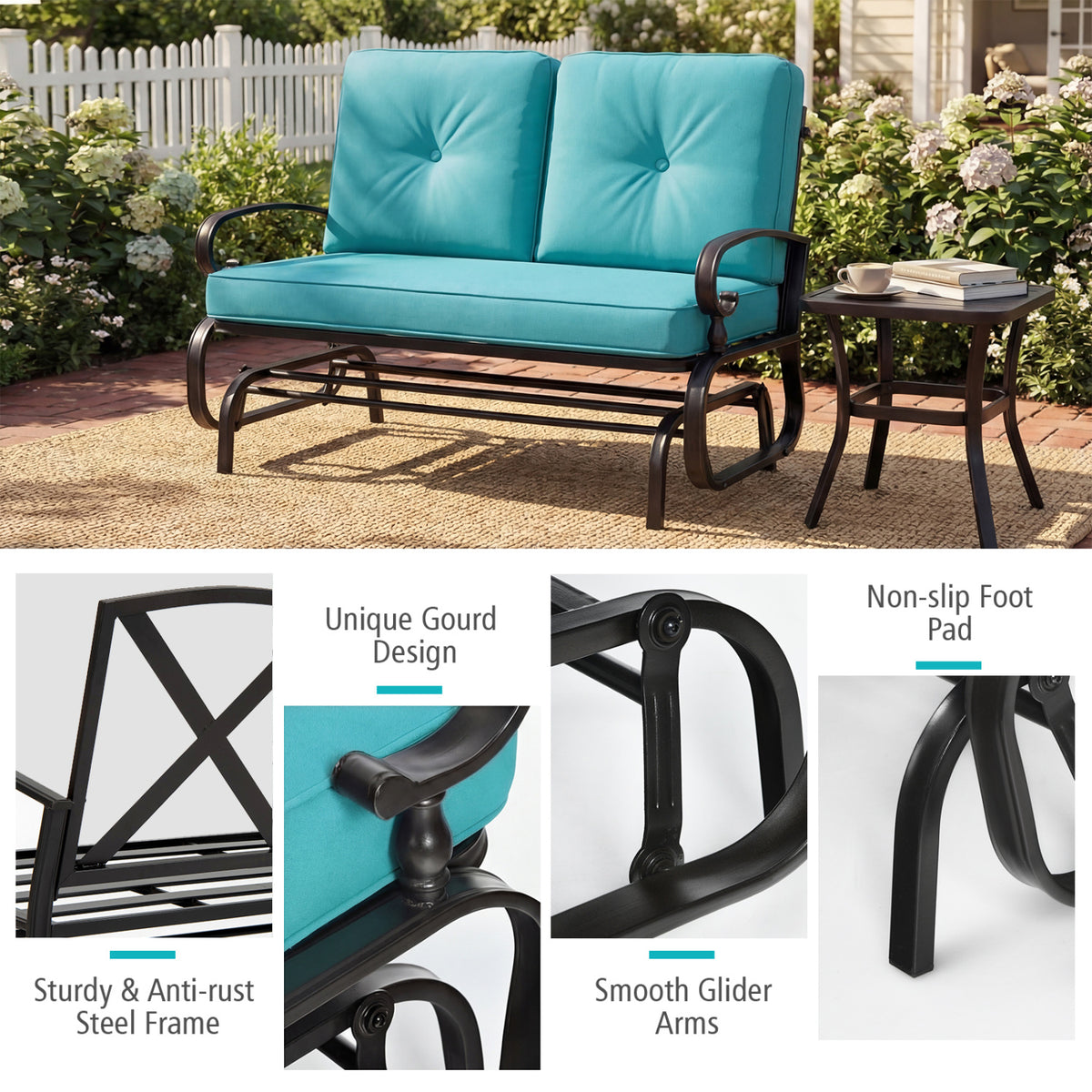 2 Seats Outdoor Swing Glider Chair with Comfortable Cushions-Pantone Green view 9