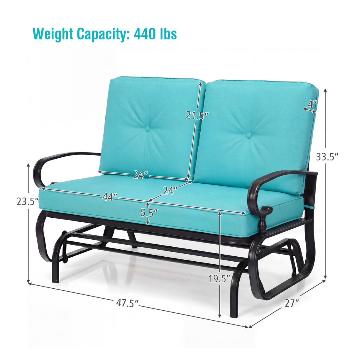 2 Seats Outdoor Swing Glider Chair with Comfortable Cushions-Pantone Green view 5