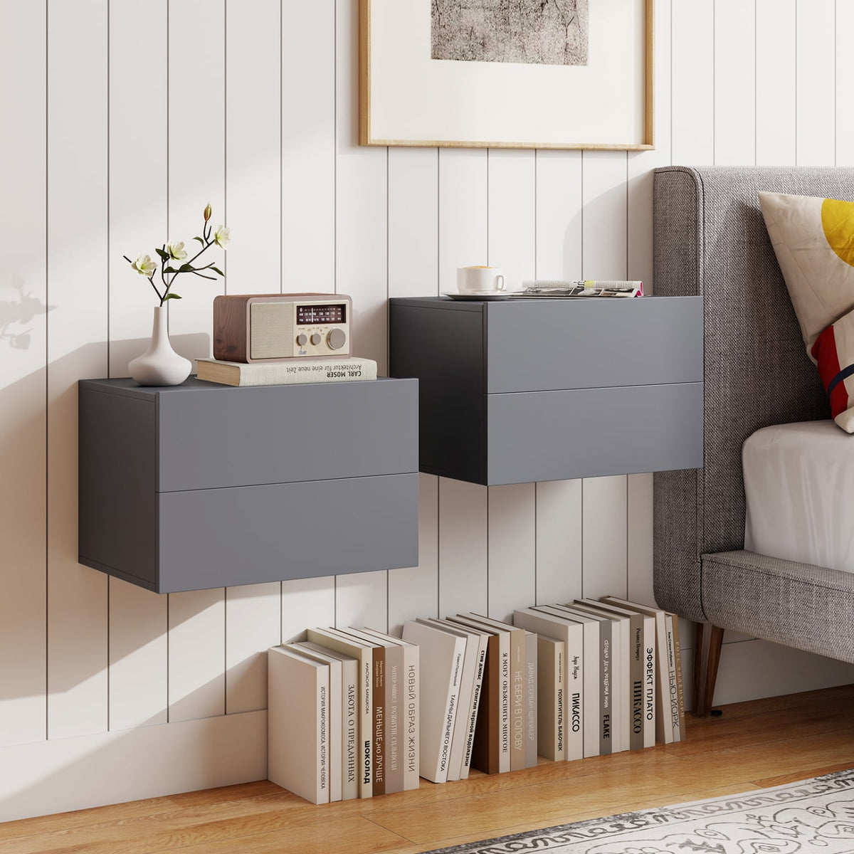 2 Storage Drawers Wall Mounted Floating Nightstand for Bedroom-Gray view 2