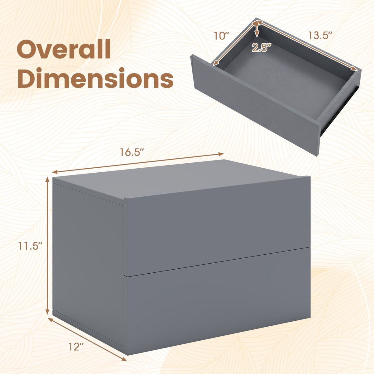 2 Storage Drawers Wall Mounted Floating Nightstand for Bedroom-Gray view 5