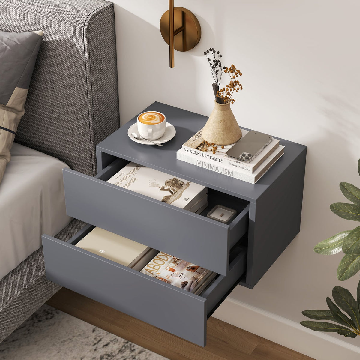 2 Storage Drawers Wall Mounted Floating Nightstand for Bedroom-Gray view 8