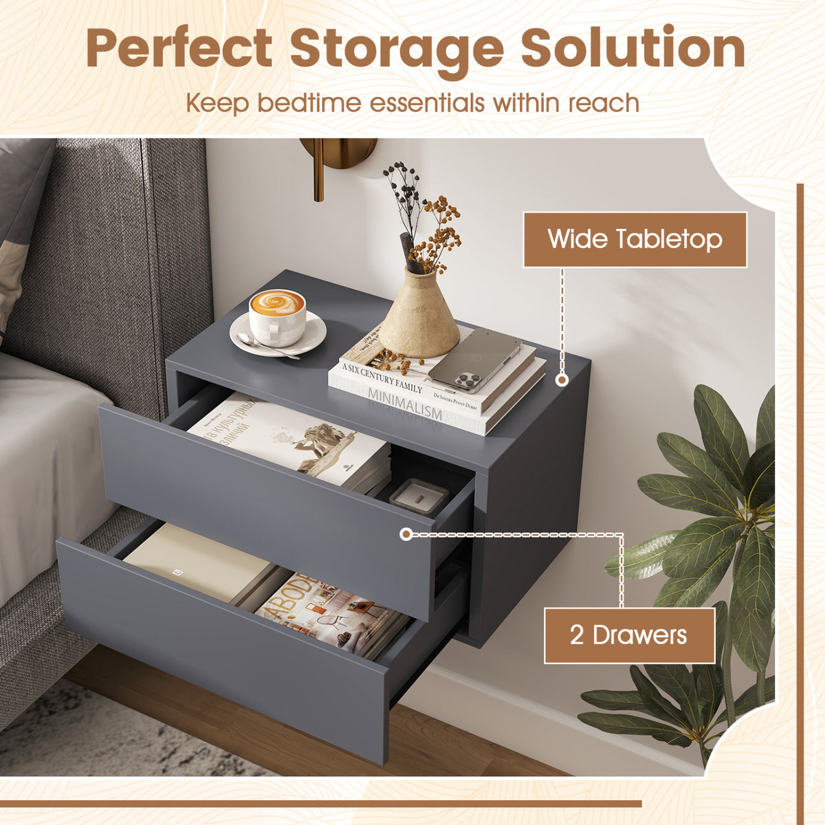 2 Storage Drawers Wall Mounted Floating Nightstand for Bedroom-Gray view 9