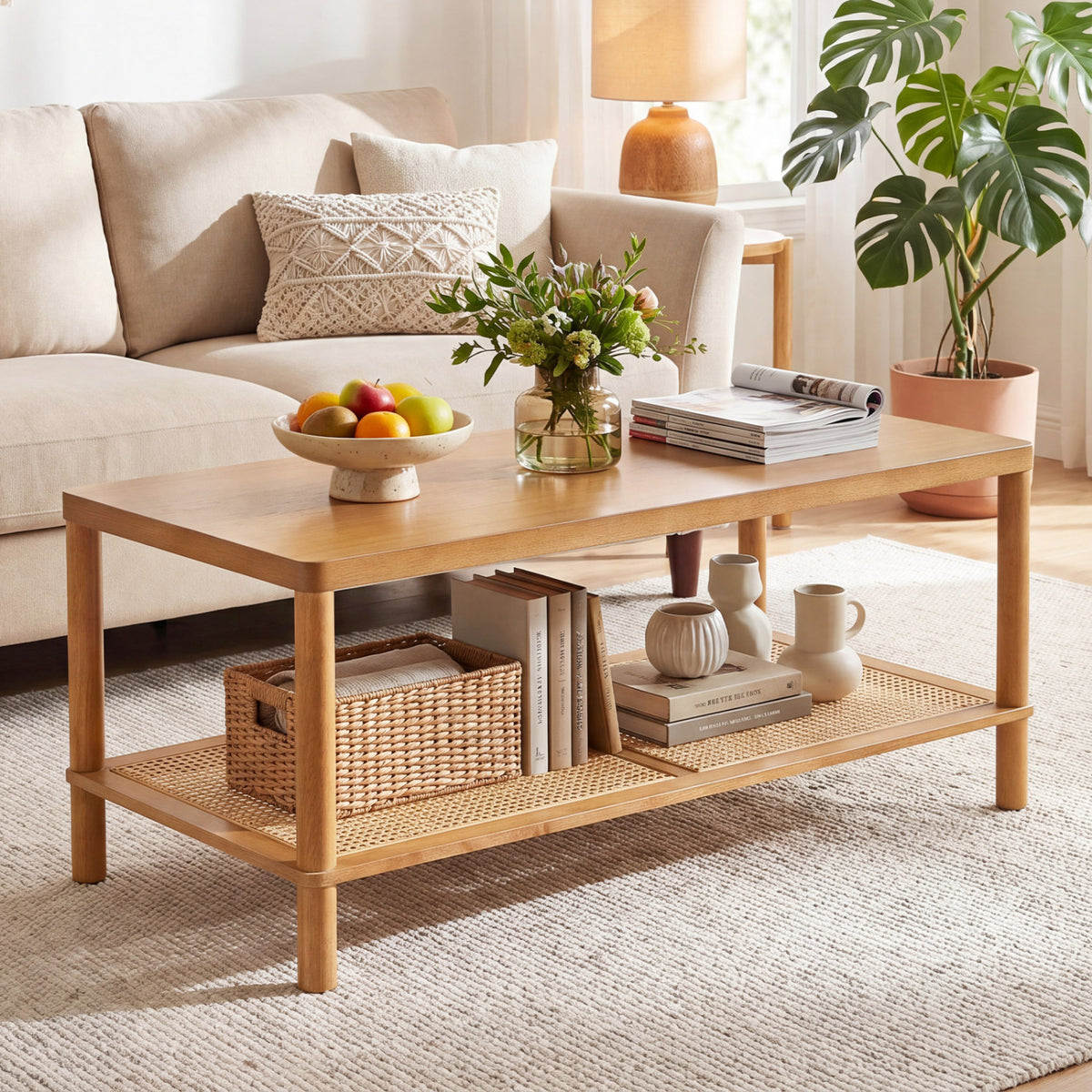 2-Tier Boho Coffee Table for Living Room Rectangular Center Table with Rubber Wood Frame and PVC Rattan Storage Shelf-Rustic Brown view 2