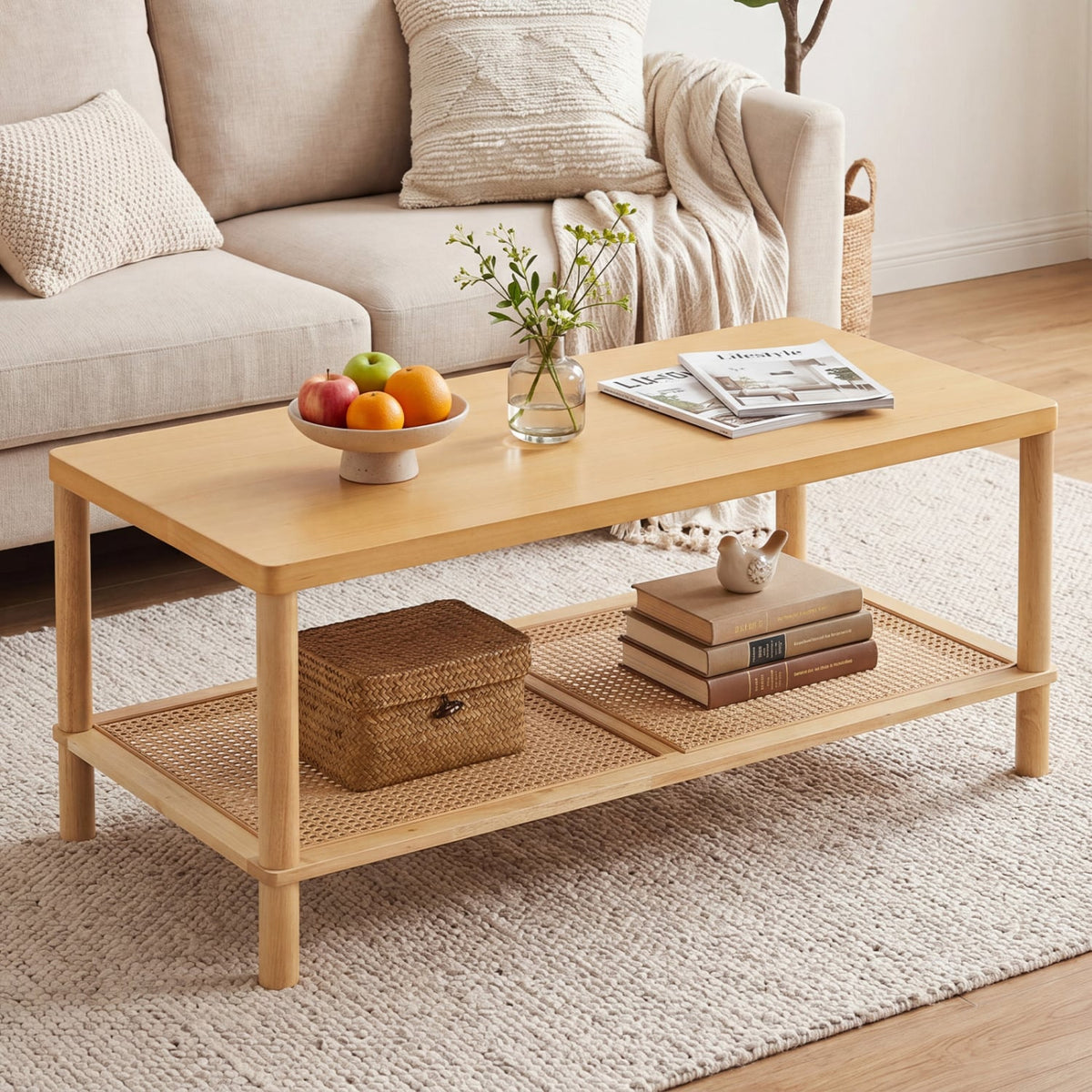 2-Tier Boho Coffee Table for Living Room Rectangular Center Table with Rubber Wood Frame and PVC Rattan Storage Shelf-Natural view 2