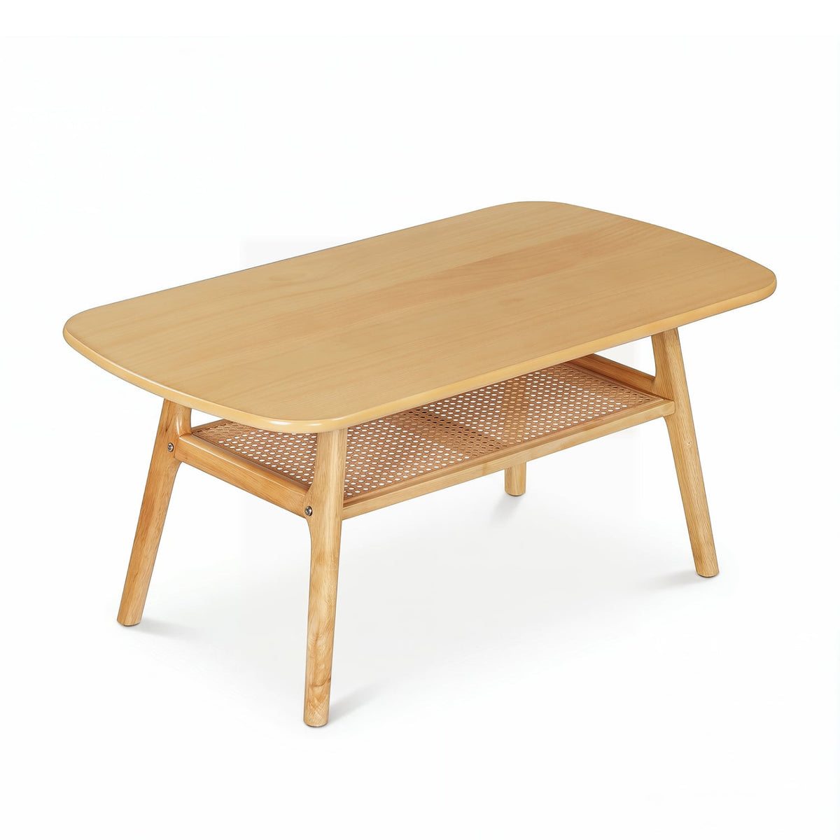 2-Tier Boho Rattan Coffee Table with Rounded Corners-Natural