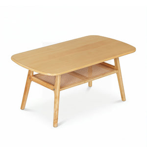 2-Tier Boho Rattan Coffee Table with Rounded Corners-Natural