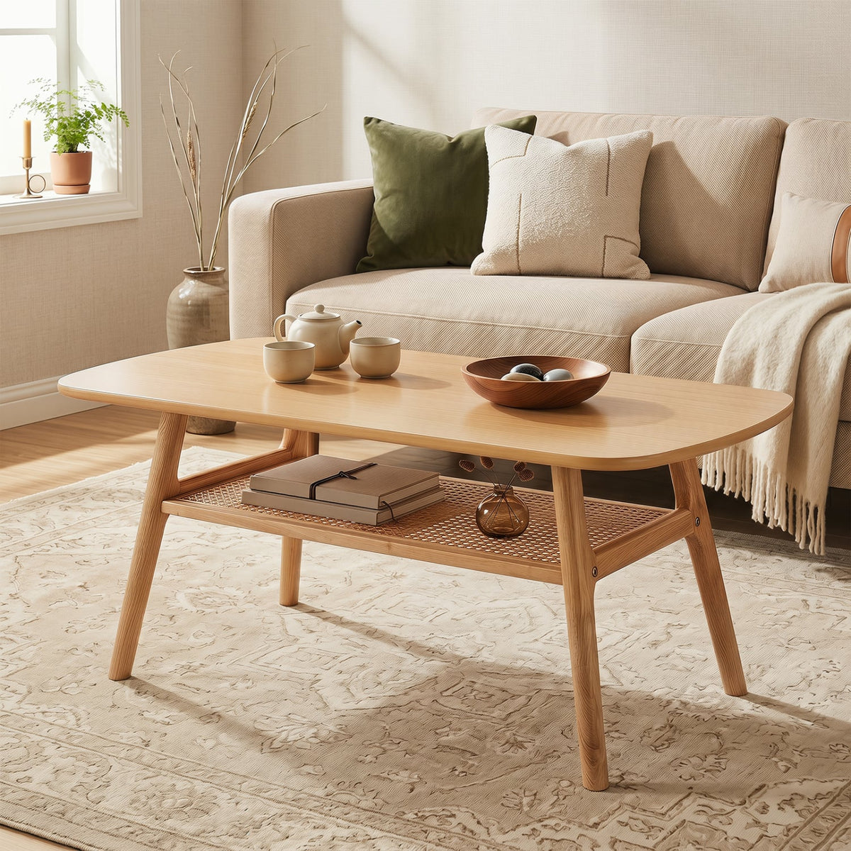 2-Tier Boho Rattan Coffee Table with Rounded Corners-Natural view 3
