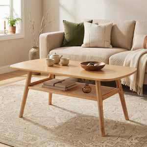 2-Tier Boho Rattan Coffee Table with Rounded Corners-Natural view 3