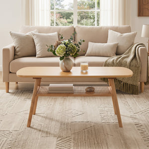2-Tier Boho Rattan Coffee Table with Rounded Corners-Natural view 6