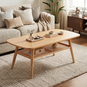 2-Tier Boho Rattan Coffee Table with Rounded Corners-Natural view 2