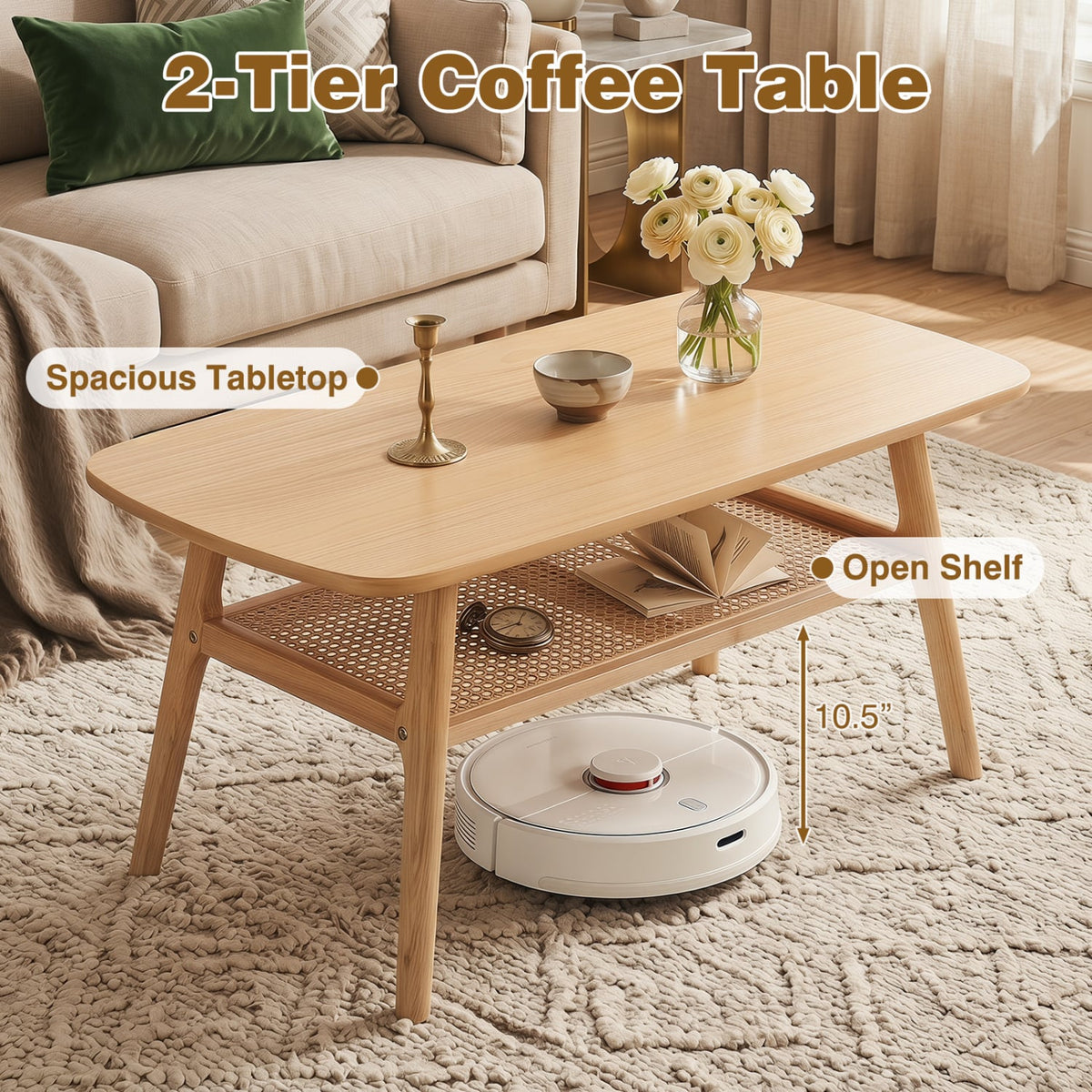2-Tier Boho Rattan Coffee Table with Rounded Corners-Natural view 7
