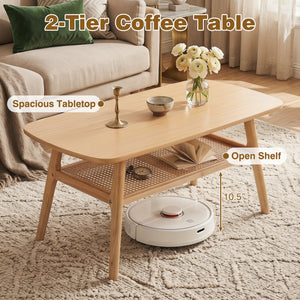 2-Tier Boho Rattan Coffee Table with Rounded Corners-Natural view 7