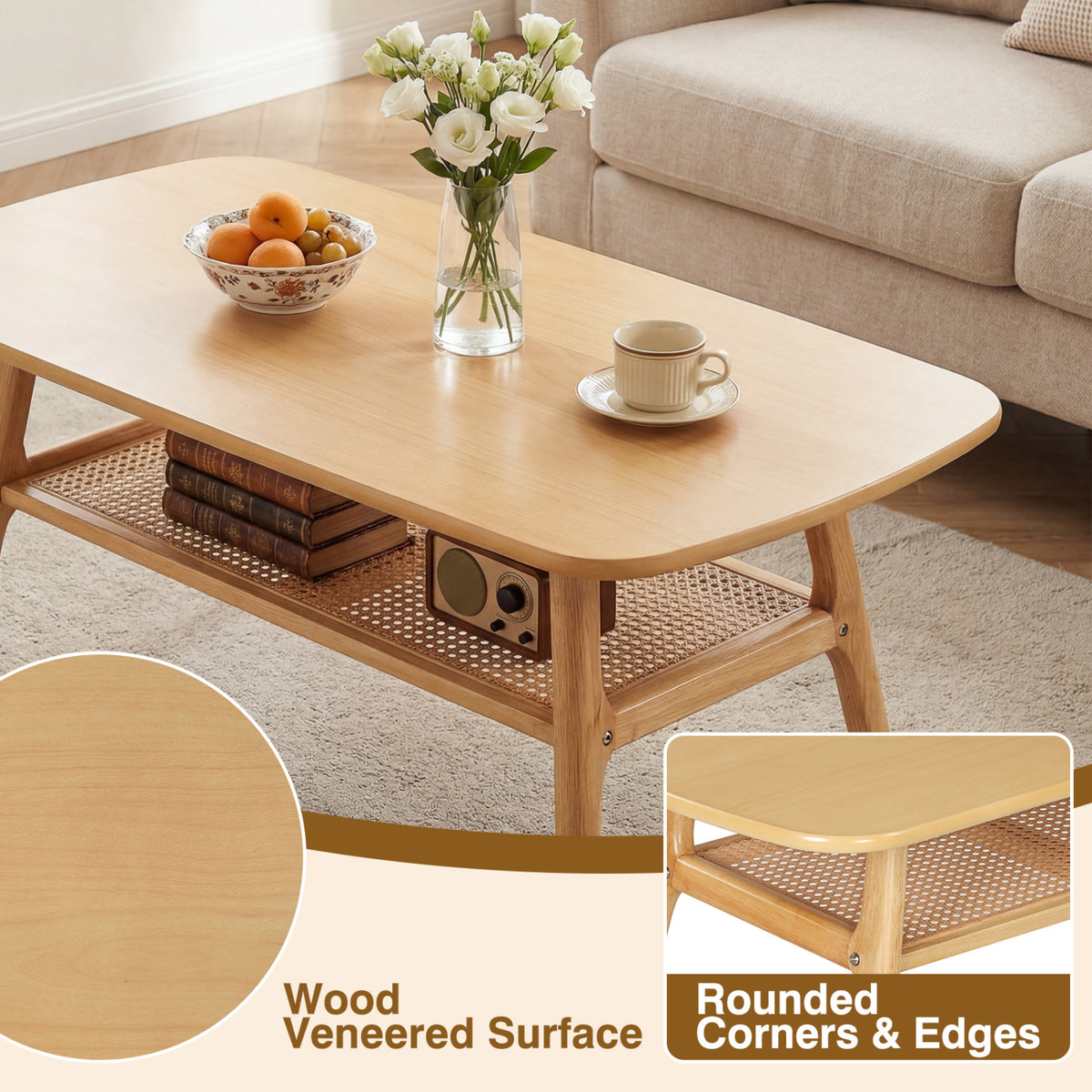 2-Tier Boho Rattan Coffee Table with Rounded Corners-Natural view 8