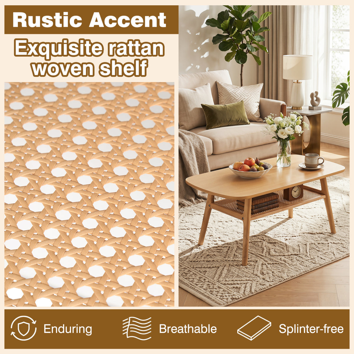 2-Tier Boho Rattan Coffee Table with Rounded Corners-Natural view 9