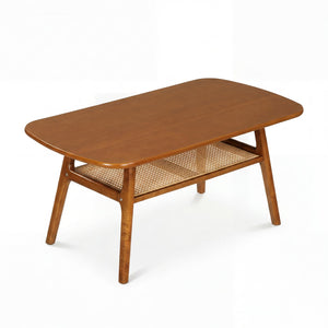 2-Tier Boho Rattan Coffee Table with Rounded Corners-Walnut view 4