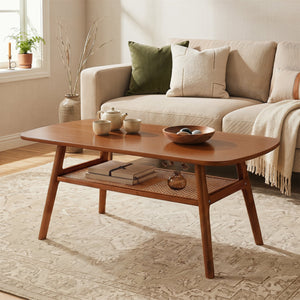 2-Tier Boho Rattan Coffee Table with Rounded Corners-Walnut view 2