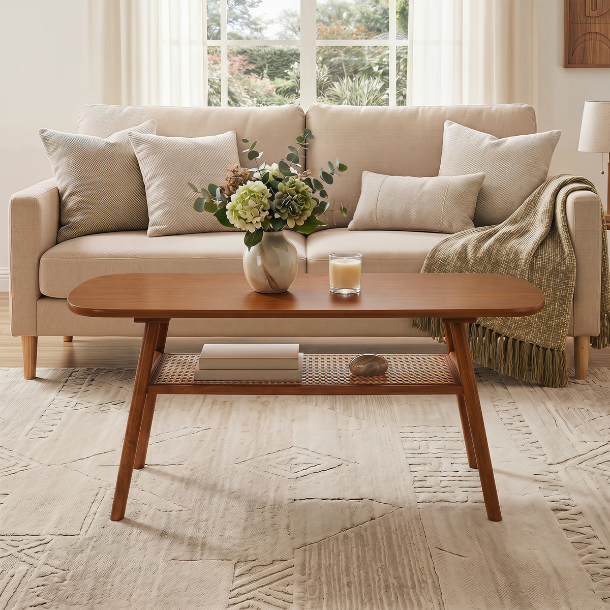 2-Tier Boho Rattan Coffee Table with Rounded Corners-Walnut view 3